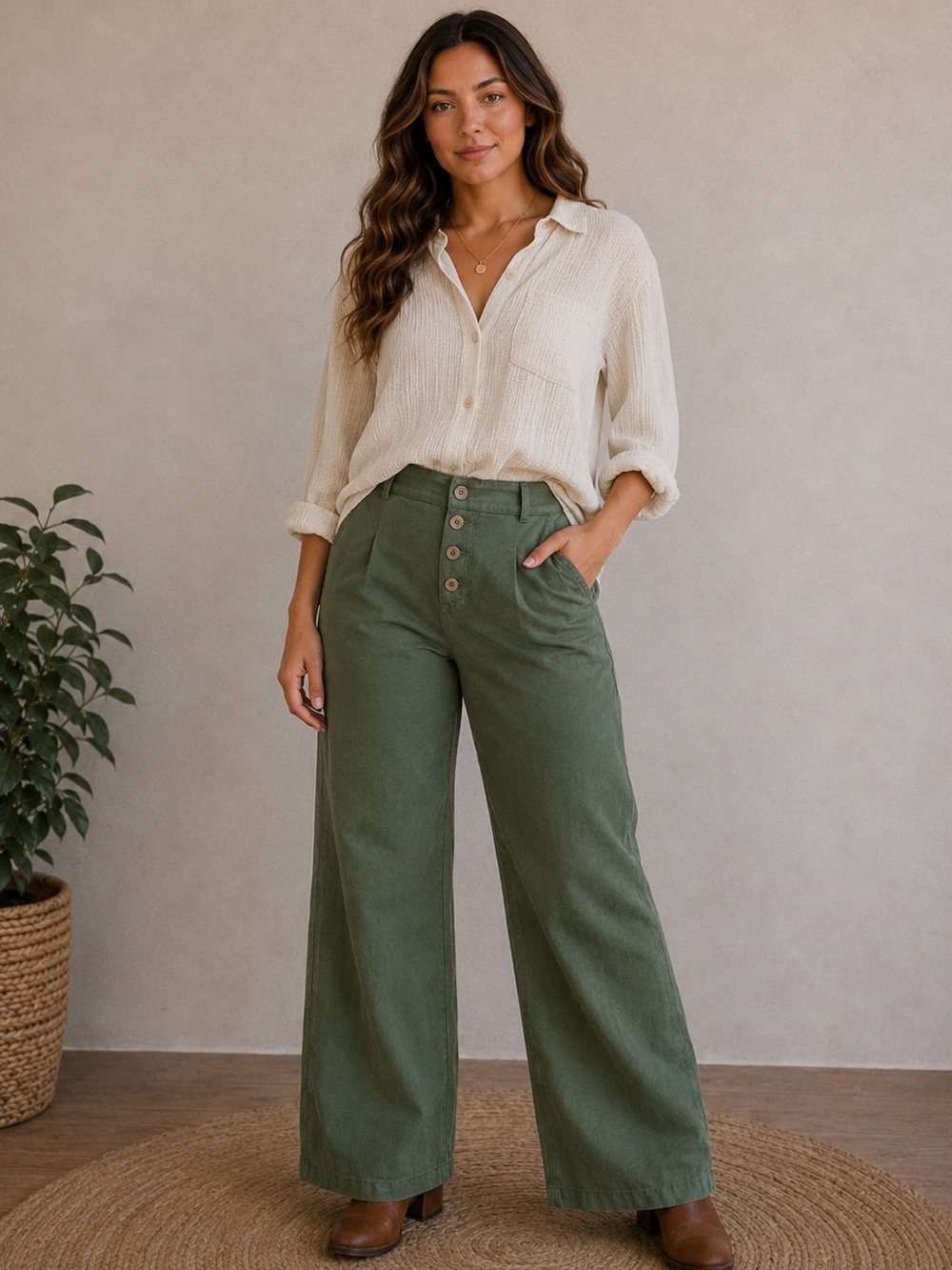 LOFT Green Button-Front Straight-Leg Chinos